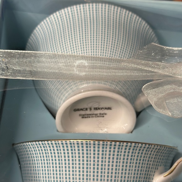 New Grace’s Teaware Tea Cup & Saucer Set For 2 Blue Squared Pattern w/Gold Trim - Picture 8 of 11